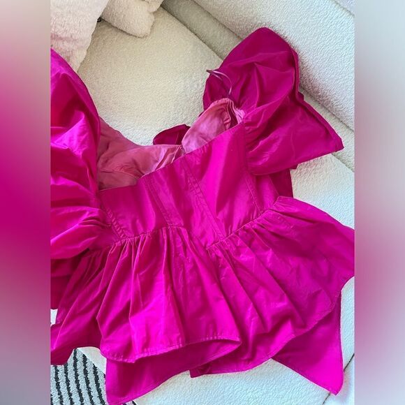 ZARA WOMEN ASYMMETRIC RUFFLED TOP FUCHSIA FLOWER VOLUMINOUS, SIZE S - Picture 10 of 11